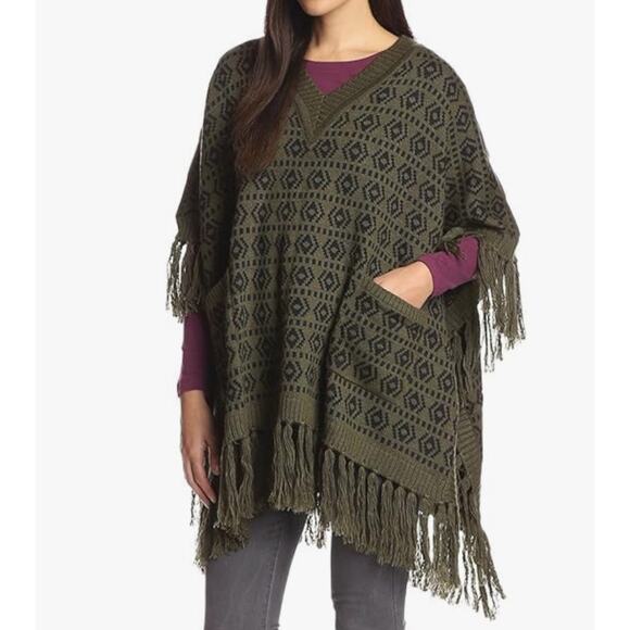 Carolina K Women's Alpaca Blend Lulu Poncho Green Print Fringe Boho One Size